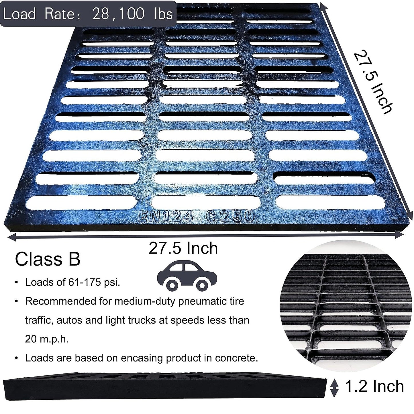 MASSLUNT Cast Iron Drain Grate, 28x28 Outdoor Drain Cover, B Class Sewer Grate, Durable Heavy Duty Channel Grate, Black Square Drainage Grate for Driveway, Concrete, Yard, Garage (27.6x27.6)