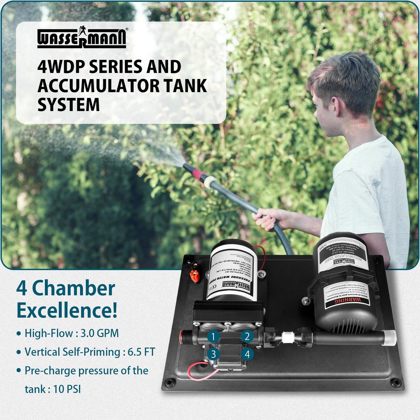 WASSERMANN 12V RV Water Pump and Accumulator Tank System, 3.0GPM 55PSI Self Priming Water Diaphragm Pump with 0.75L 10 PSI Pre-Pressurized Accumulator Tank, Pressure Switch, for Boat Garden RV Camping