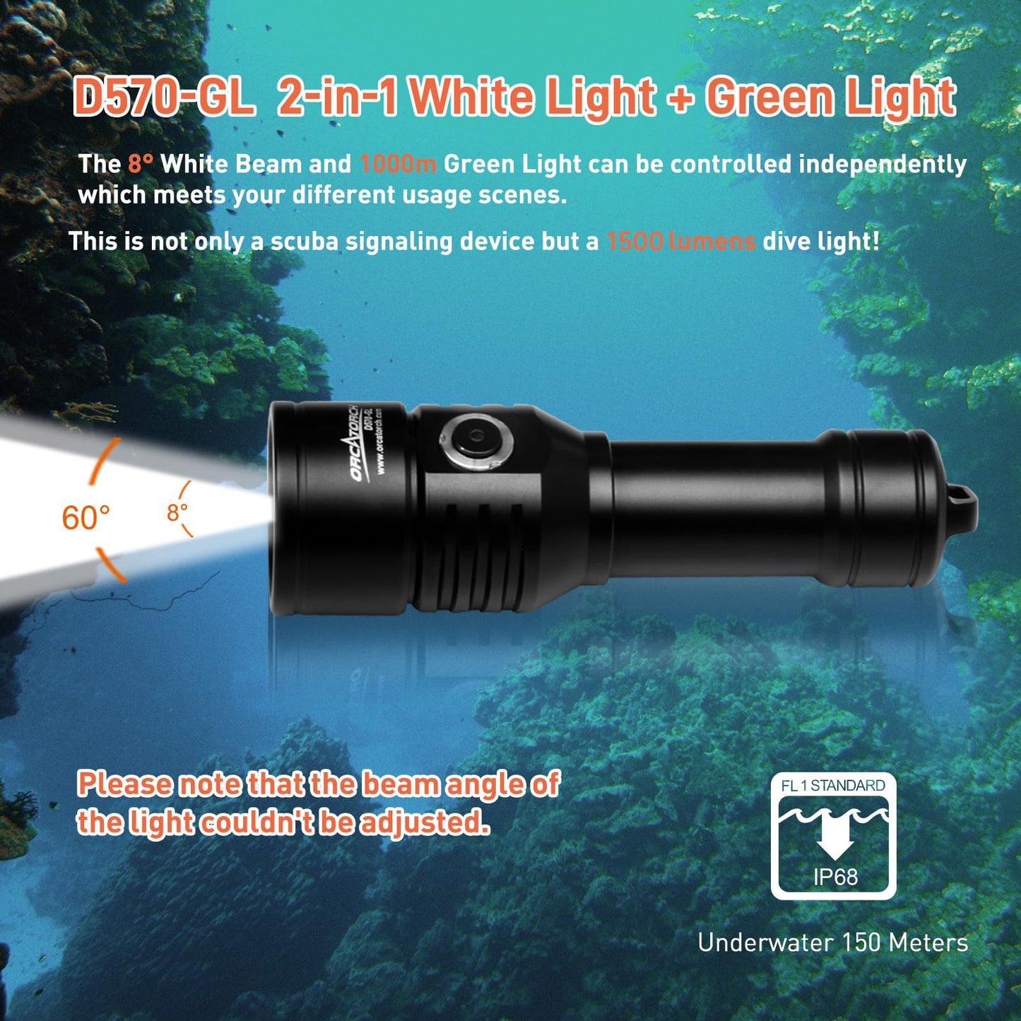 ORCATORCH D570-GL 2.0 2-in-1 Scuba Diving Signal Light 1500 Lumens Underwater Flashlight, 1000M Green Beam and White LED Combo, Rechargeable Battery for Night Dive Training Instructor Cave Exploration