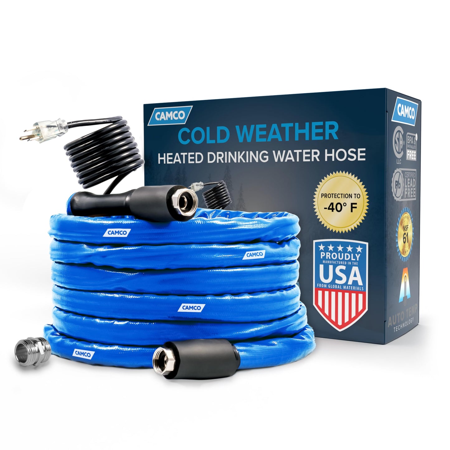 Camco 50 Feet Heated Drinking Water Hose, Freeze Protection to -40°F/C – Self-Regulating Insulated Cable, Lead- and BPA-Free, Heavy-Duty Exterior, Thermostat Control – RV, Camper, Farm or Outdoor Use