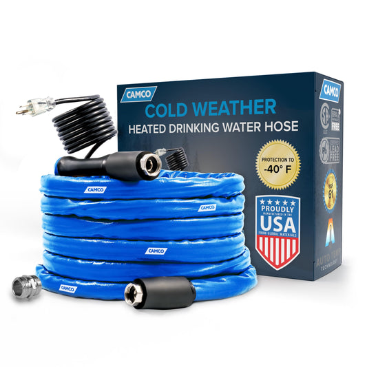 Camco 50 Feet Heated Drinking Water Hose, Freeze Protection to -40°F/C – Self-Regulating Insulated Cable, Lead- and BPA-Free, Heavy-Duty Exterior, Thermostat Control – RV, Camper, Farm or Outdoor Use