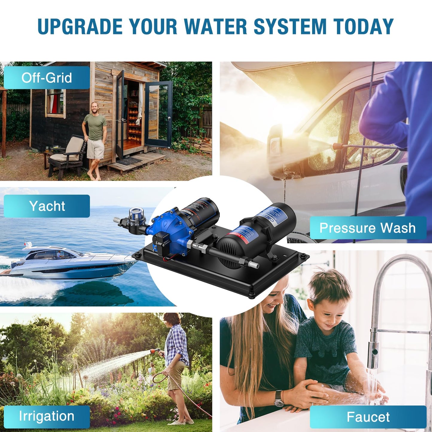CrestWave RV Water Pump 12V DC 7GPM 70PSI and 1L 125PSI Pre-Pressurized Accumulator Tank, Quiet RV Water Pump and Accumulator Tank System for RV Camping, Boat, Kitchen, Bathroom