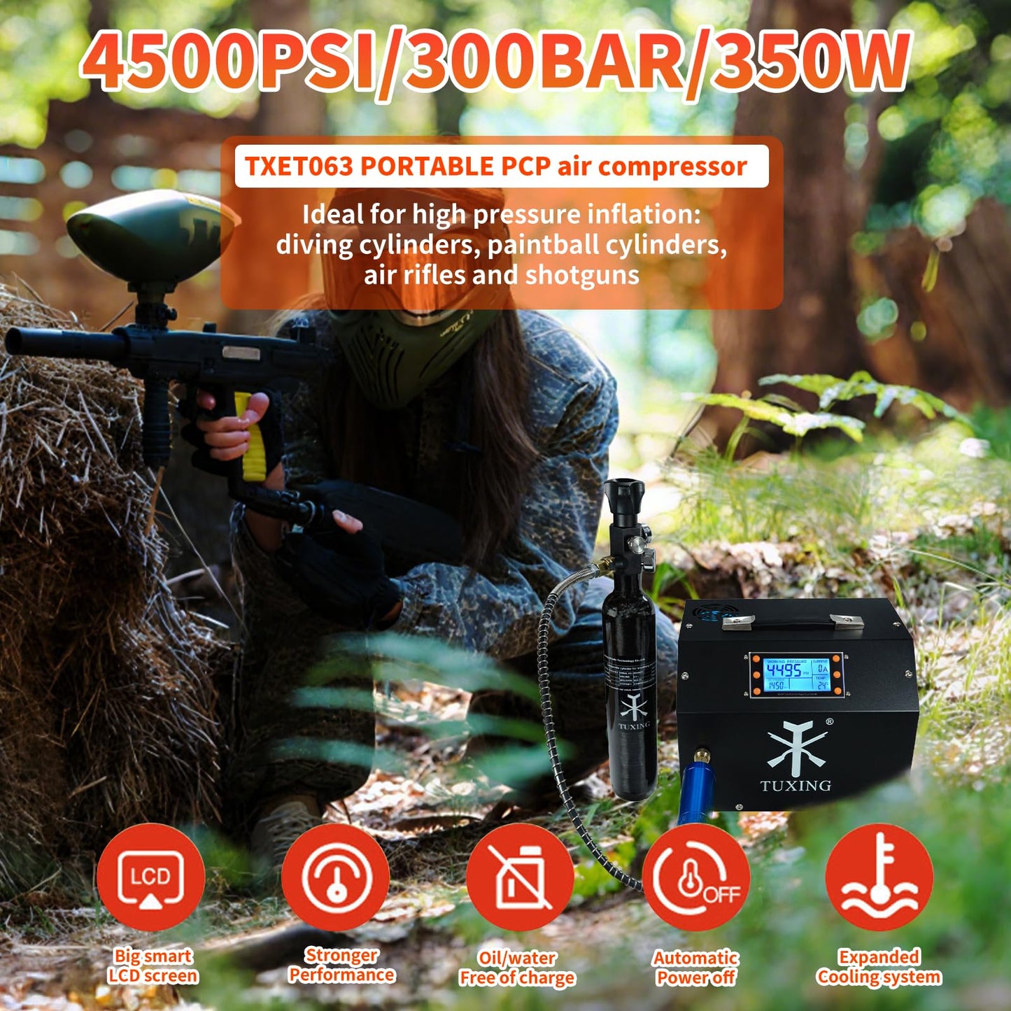 TUXING PCP Air Compressor 4500Psi, Auto-Stop High Pressure Compressor, Equipped with Water Cooling System, Scuba Diving Tank Pcp Air Rifles Charging 110V (‎TXET063)