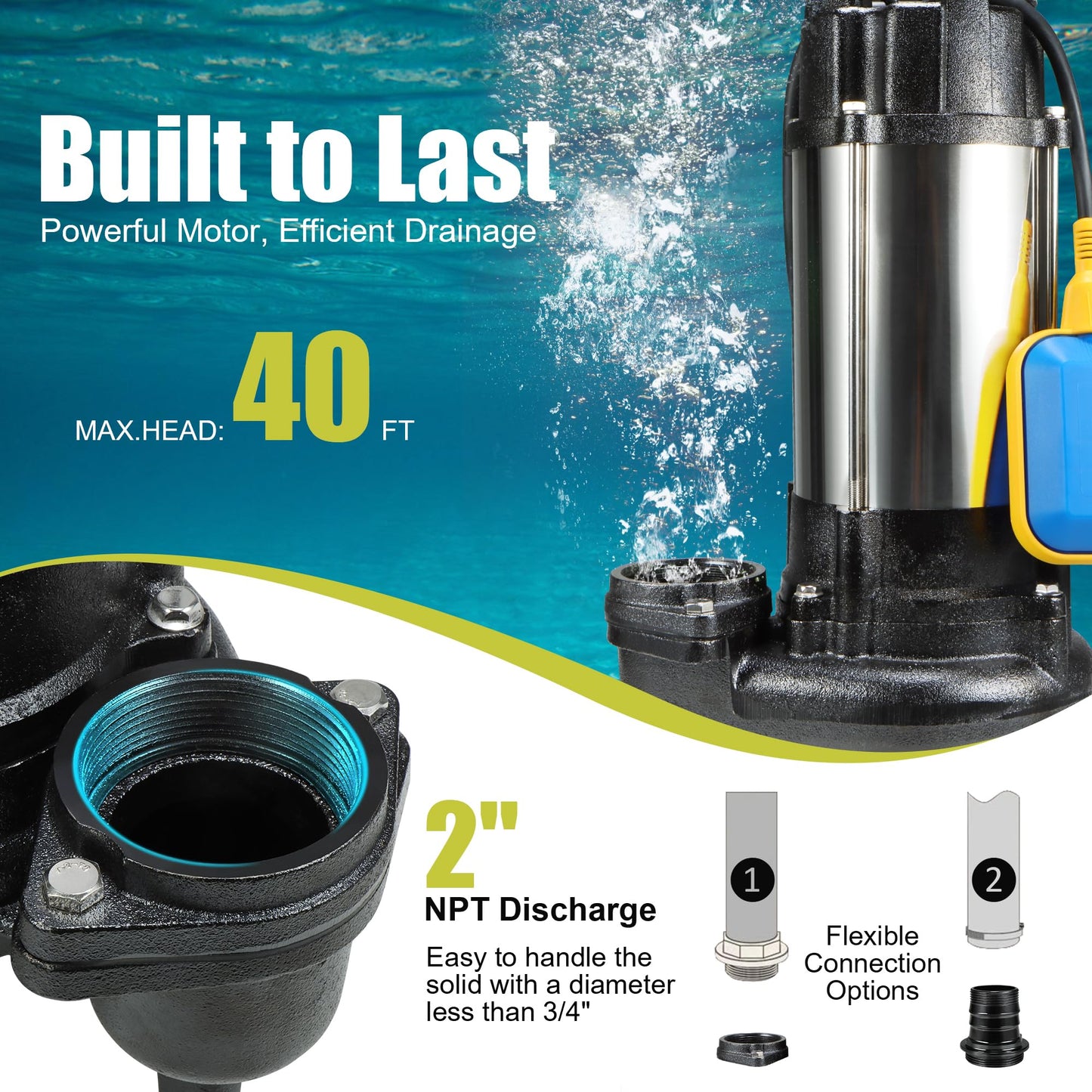 Sewage Grinder Pump, 1HP Submersible Sump Pump, 110V 6400GPH Cast Iron Effluent Pumps with Automatic Float Switch, 2'' NPT Discharge for Basement, Residential Sewage, Sump Basin