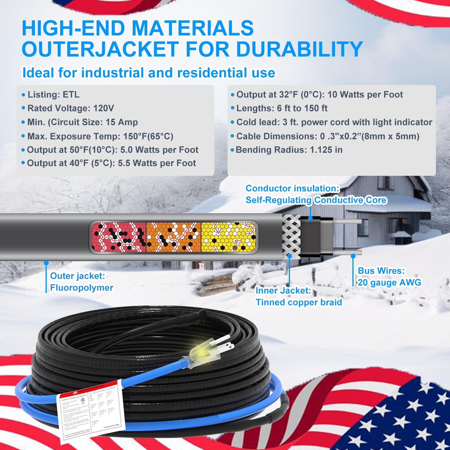 TOPDURE Sewage Pipe Heating Cable 150 FT 120V Self-Regulating for Freeze Protection in Wastewater Systems, Sump Pumps and Roof De-Icing with Fluoropolymer Corrosion-Proof Technology