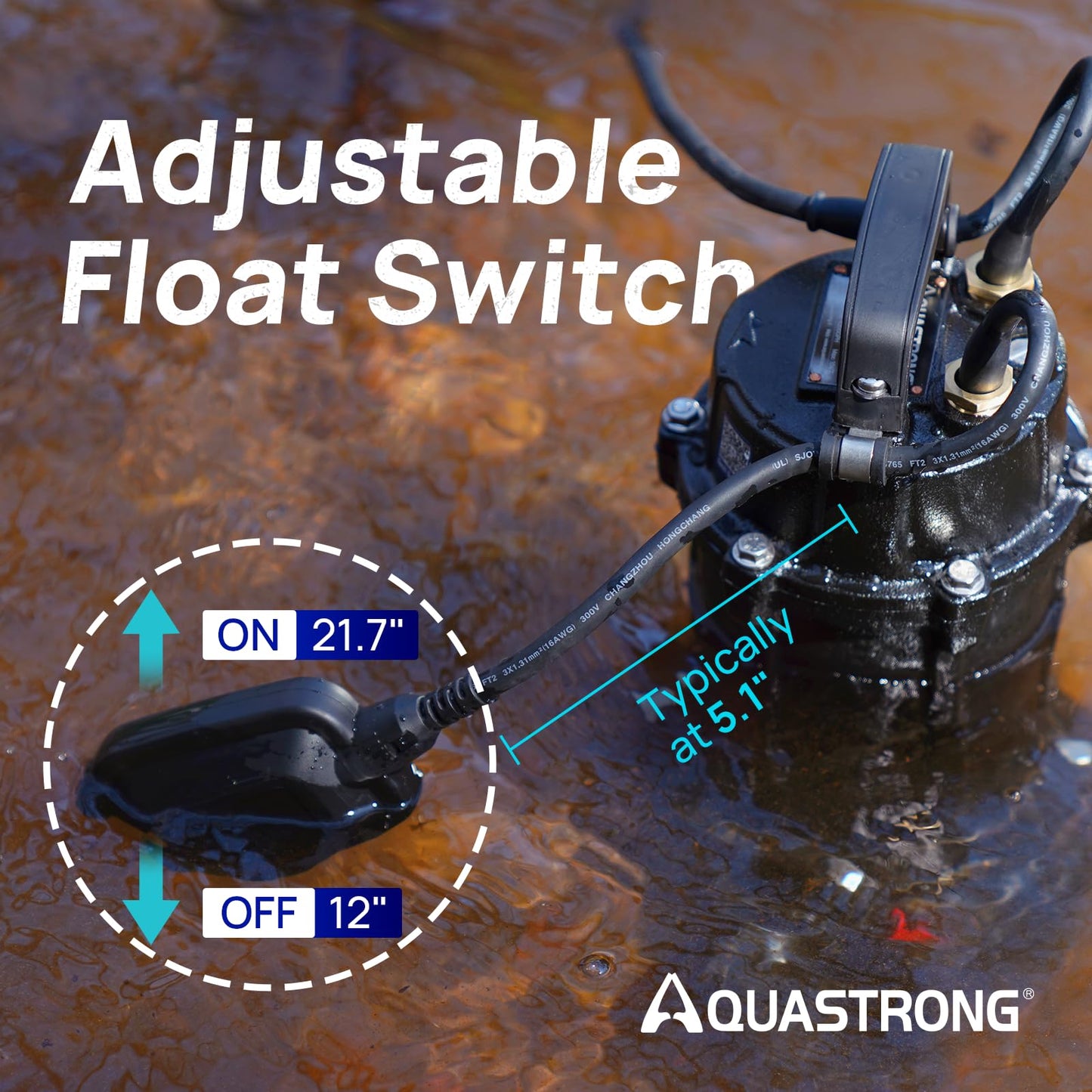 Aquastrong 1 HP Sewage Grinder Pump, 4200 GPH Sewage Pump 2 inch Discharge, Cast Iron Sump Pump Submersible with Auto Float Switch for Basement Sump Basin and Sewage Well, Dark
