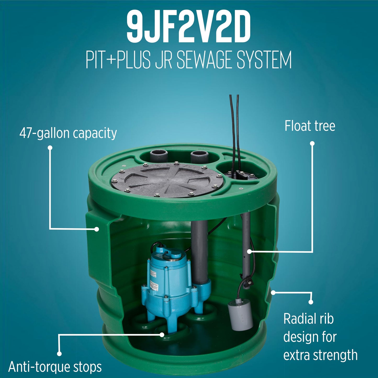 Little Giant 9JF2V2D Pit Plus JR Sewage Basin System with 115-Volt, 4/10 HP, 6000 GPH 9SC-CIM Sewage Pump, Float Switch with 20-Ft. Cord, 2-inch Vent, 2-inch Discharge, Green/Blue/Black, 509673