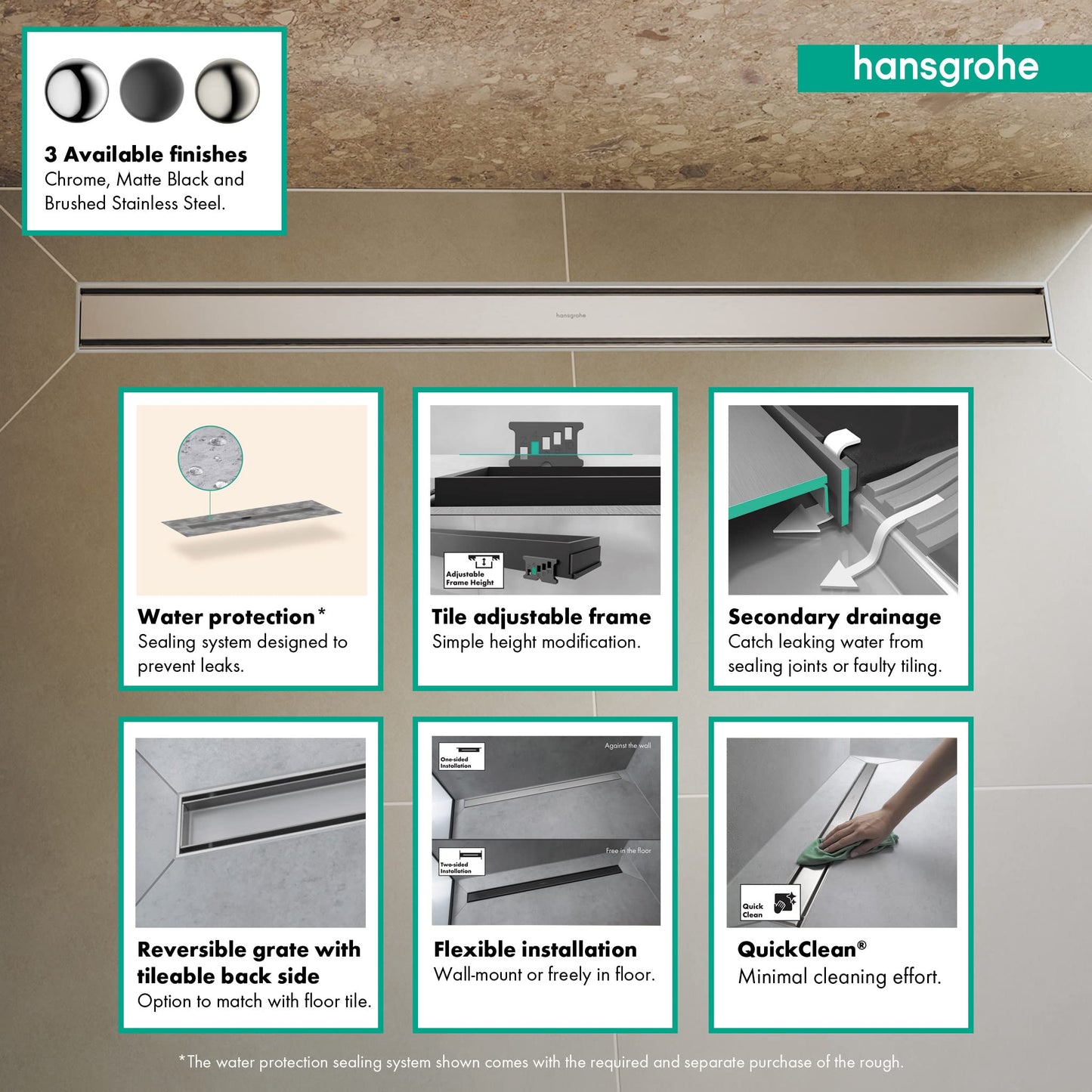 hansgrohe RainDrain Match Linear Tileable Shower Drain for 31 1/2" Rough with Height Adjustable Frame in Brushed Stainless Steel, Stainless Steel Rectangle Shower Floor Drain
