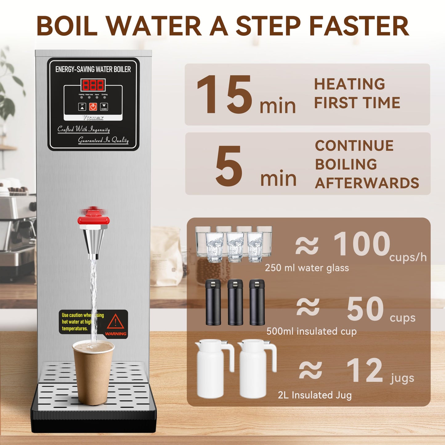 Vtsmax 2000W Commercial Hot Water Dispenser Countertop, 25L(6.6Gal) /H Energy-Saving Stainless Steel Water Boiler with 32°F-212°F Temperature Control for Boba Tea Office Restaurant Hotel, Silver