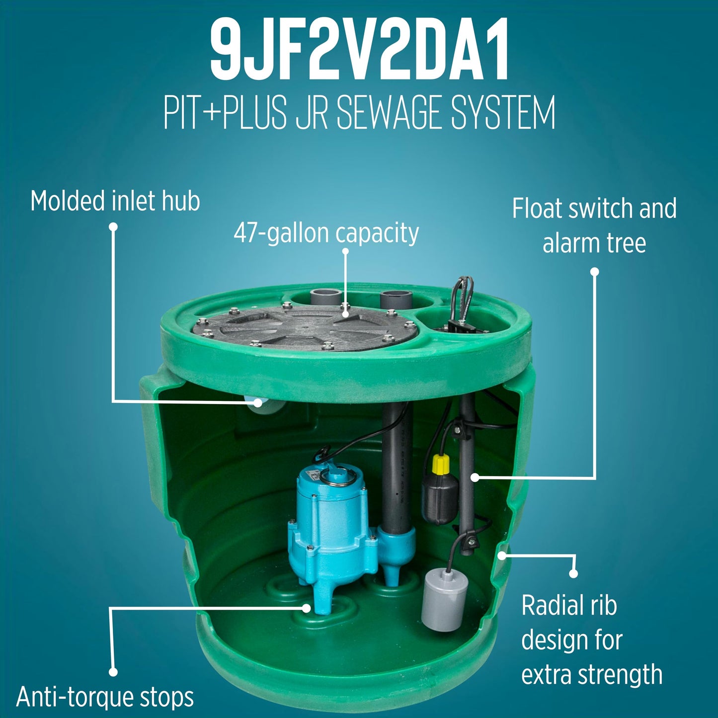 Little Giant 9JF2V2DA1 Pit Plus JR Sewage Basin System with 115V, 4/10 hp, 6000 gph 9SC-CIM Sewage Pump, Float Switch with 20-Ft. Cord, 2-In. Vent/Discharge,and Alarm, Green/Blue/Black, 509674