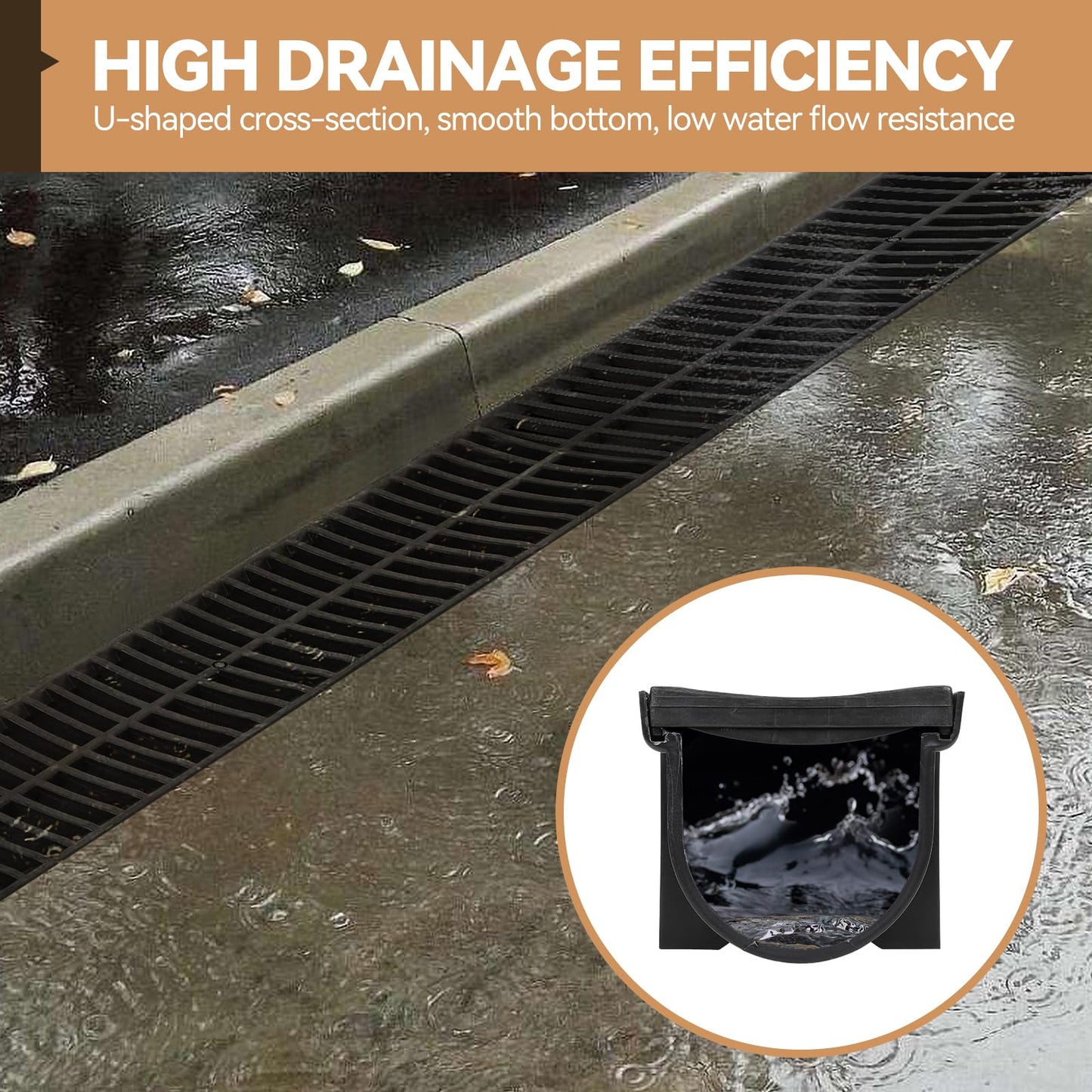 FAHKNS 6 Pack Trench Drain System, 5.9x5.1x39 Inch HDPE Drainage Trench,Black Driveway Trench Drain, Drainage Channel for Vehicle Passages, Patios, Garden Paths,Pool