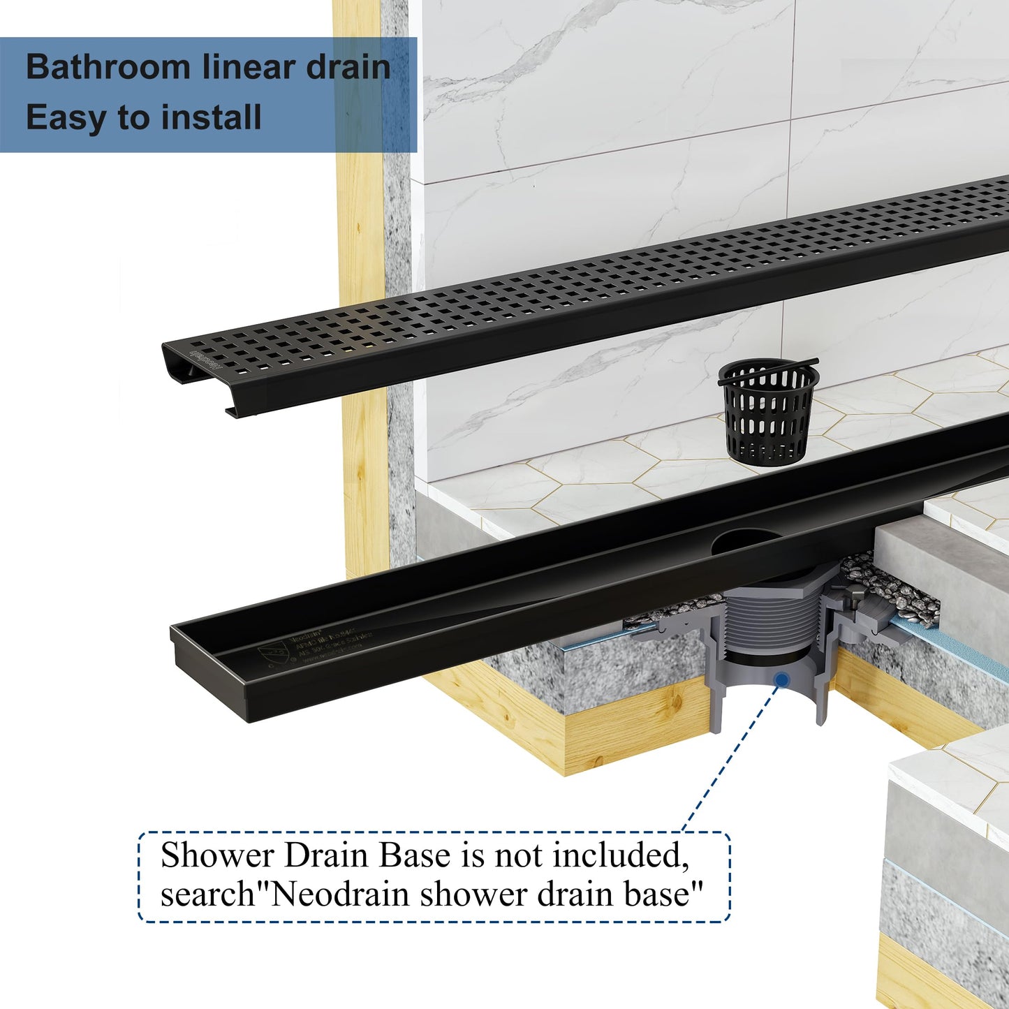 Neodrain 48-Inch Black Linear Shower Drain with Removable Quadrato Pattern Grate, heavy duty 304 Stainless Steel Rectangle Shower Floor Drain, linear drain with Leveling Feet,Hair Strainer,Matte Black