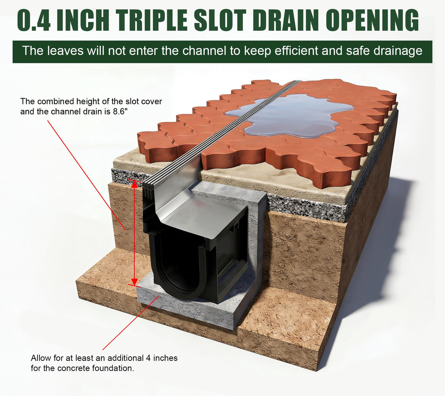Natotela Slot Channel Drain with 304 Stainless Steel Grate-39.4Lx6.1Wx8.6H in. Deep Profile Trench Drain System for Landscaping,3 Pack Total Length 118.2in,A15 Hidden Drain Channel