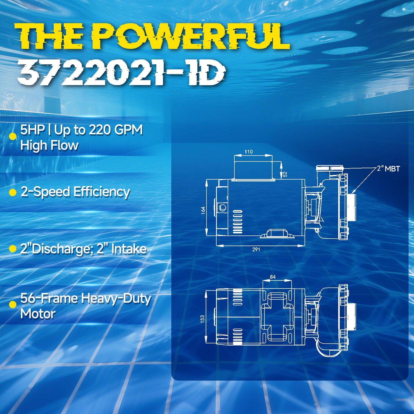 3722021-1D 56 Frame 5 hp Spa Pump, 2-Speed 230V Hot Tub Pump Standard Pool Pump, 2" Inlet/Outlet, Compatible with Waterway Executive 50