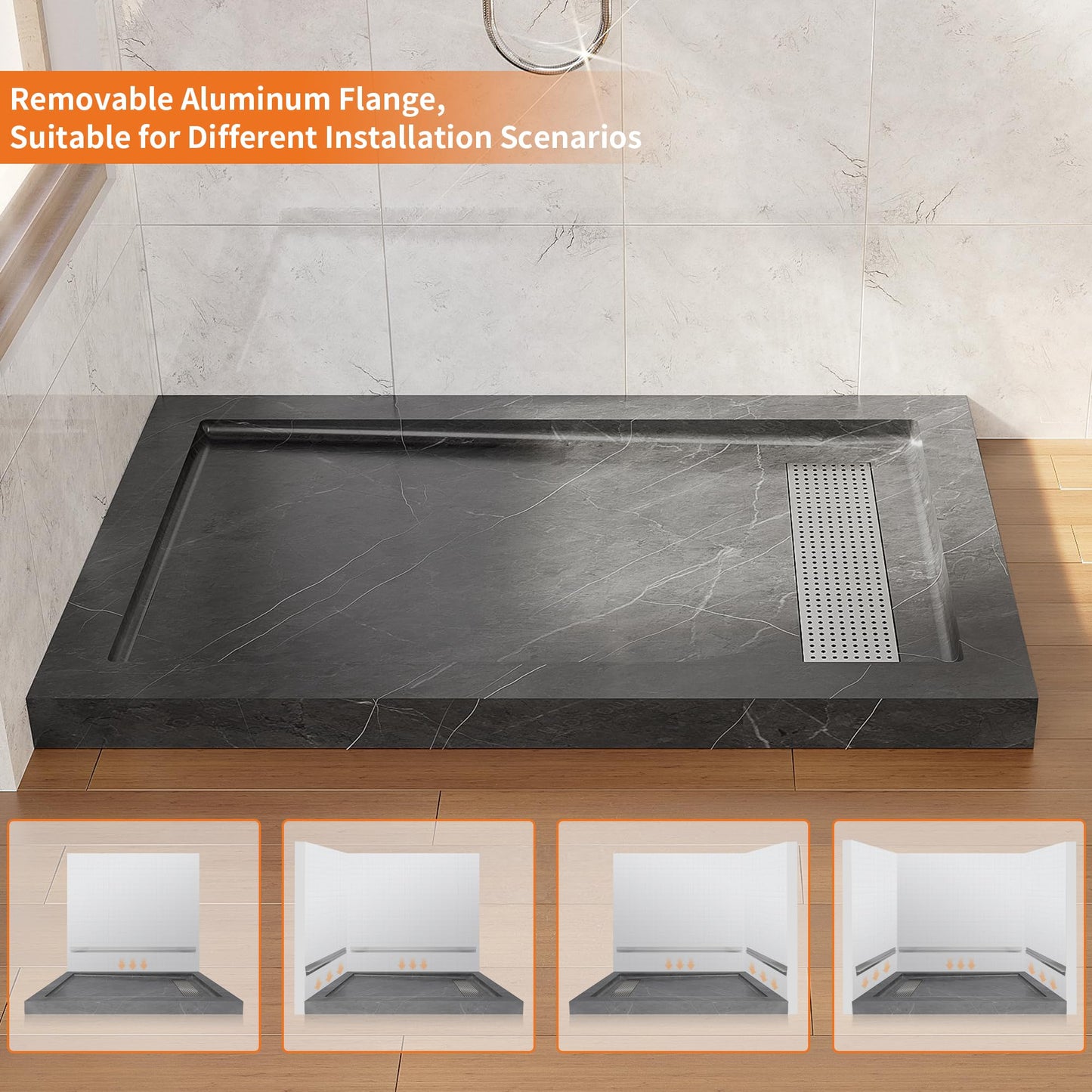 CKB 48 in x 32 in Shower Base, with Linear Drain Cover and Reversible Drain, Pre-Sloped Acrylic and Fiberglass Shower Pan with Removable Flanges, Gray Marble Look