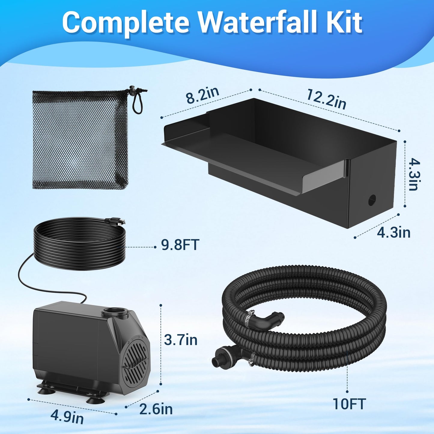 NFESOLAR Pond Waterfall Spillway Kit for Outdoor Pond up to 2000 Gallons, Includes 12.2" W Stainless Steel Pond Waterfall Box, 660GPH Ultra-Quiet Water Pump, Pond Filter Box