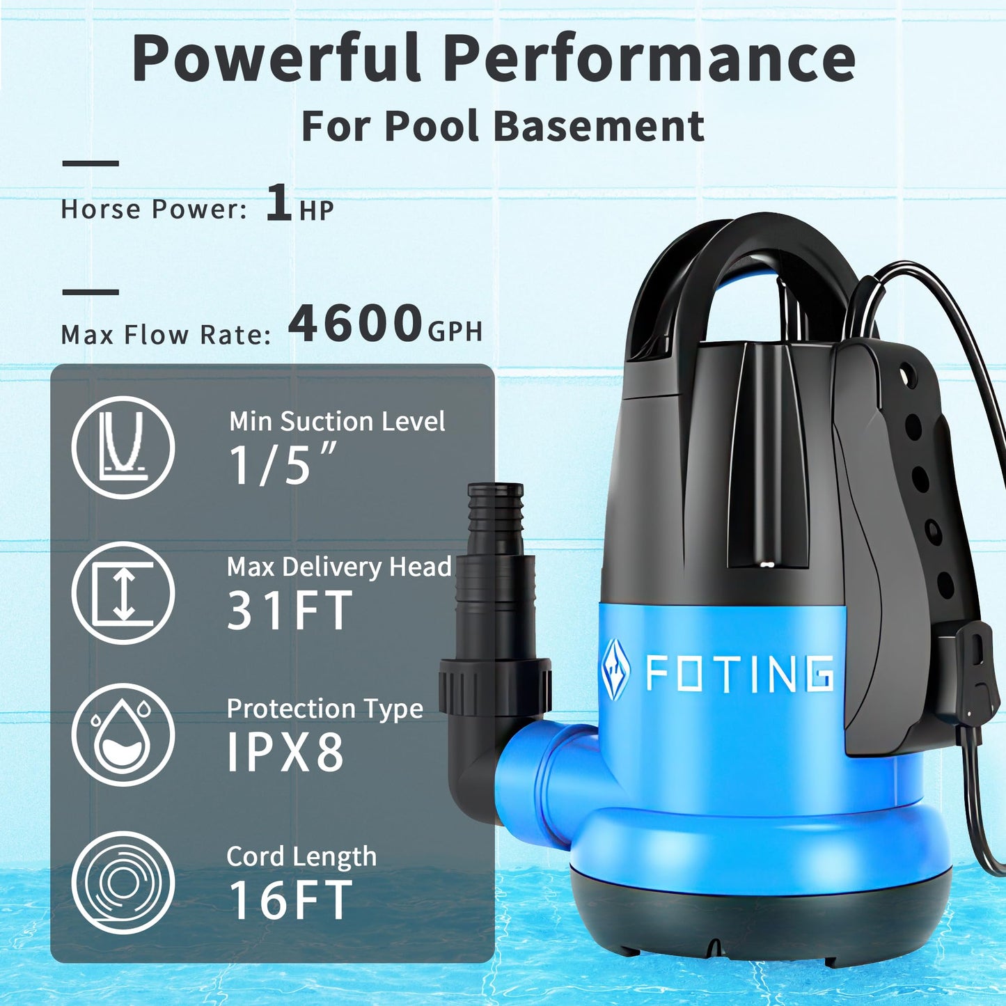 FOTING Sump Pump 1HP Clean/Dirty Submersible Water Pump,4600GPH Utility Pump Thermoplastic Electric Portable Transfer Water Pump for Swimming Pool Pond Basement with 10ft Power Cord,Auto