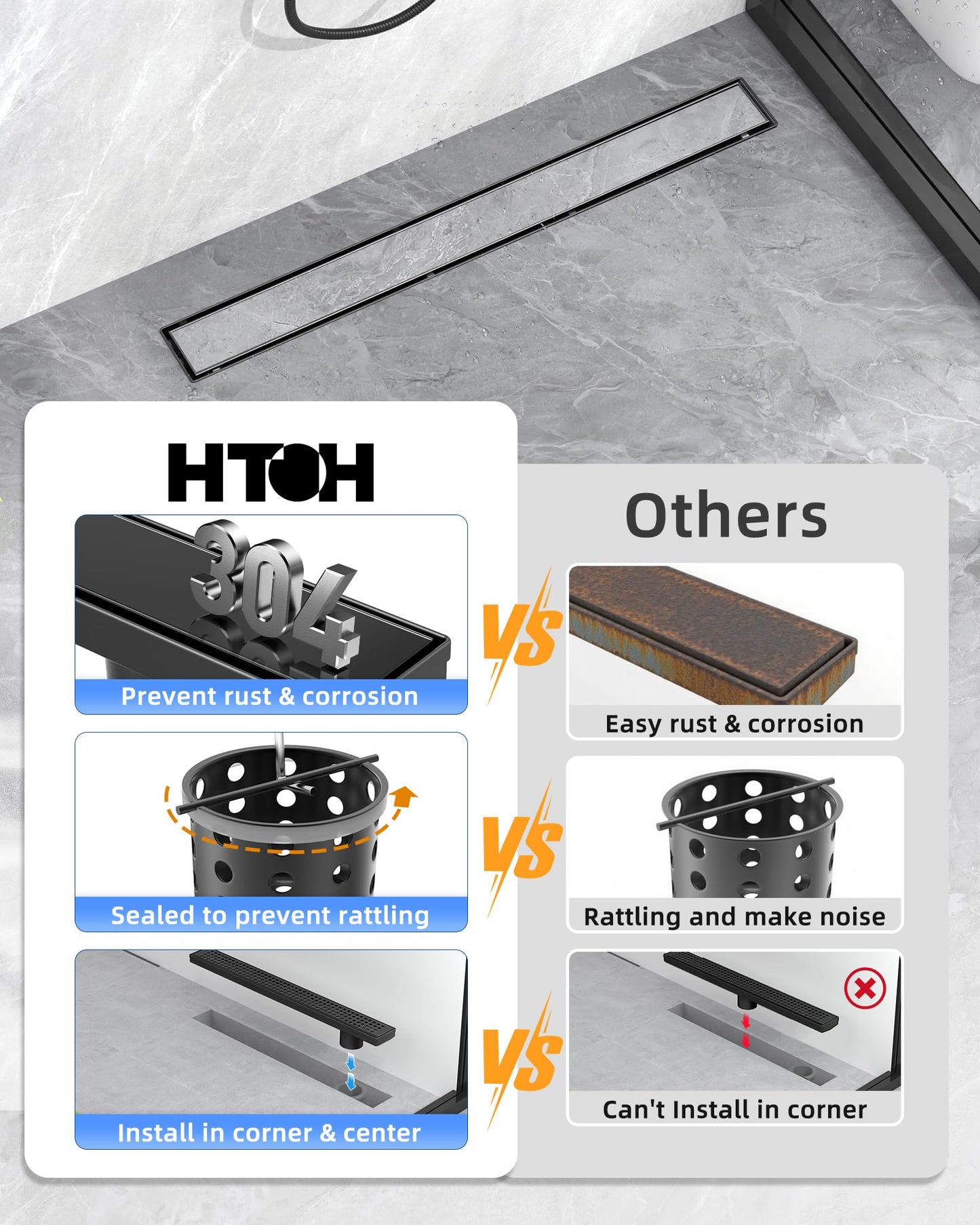 HTOH Shower Drain Offset Outlet for Bathroom: 48-Inch Black Linear Shower Drain with Removable Tile Insert Grate - 304 Stainless Steel Rectangular Shower Floor Drain Side Outlet with Hair Catcher