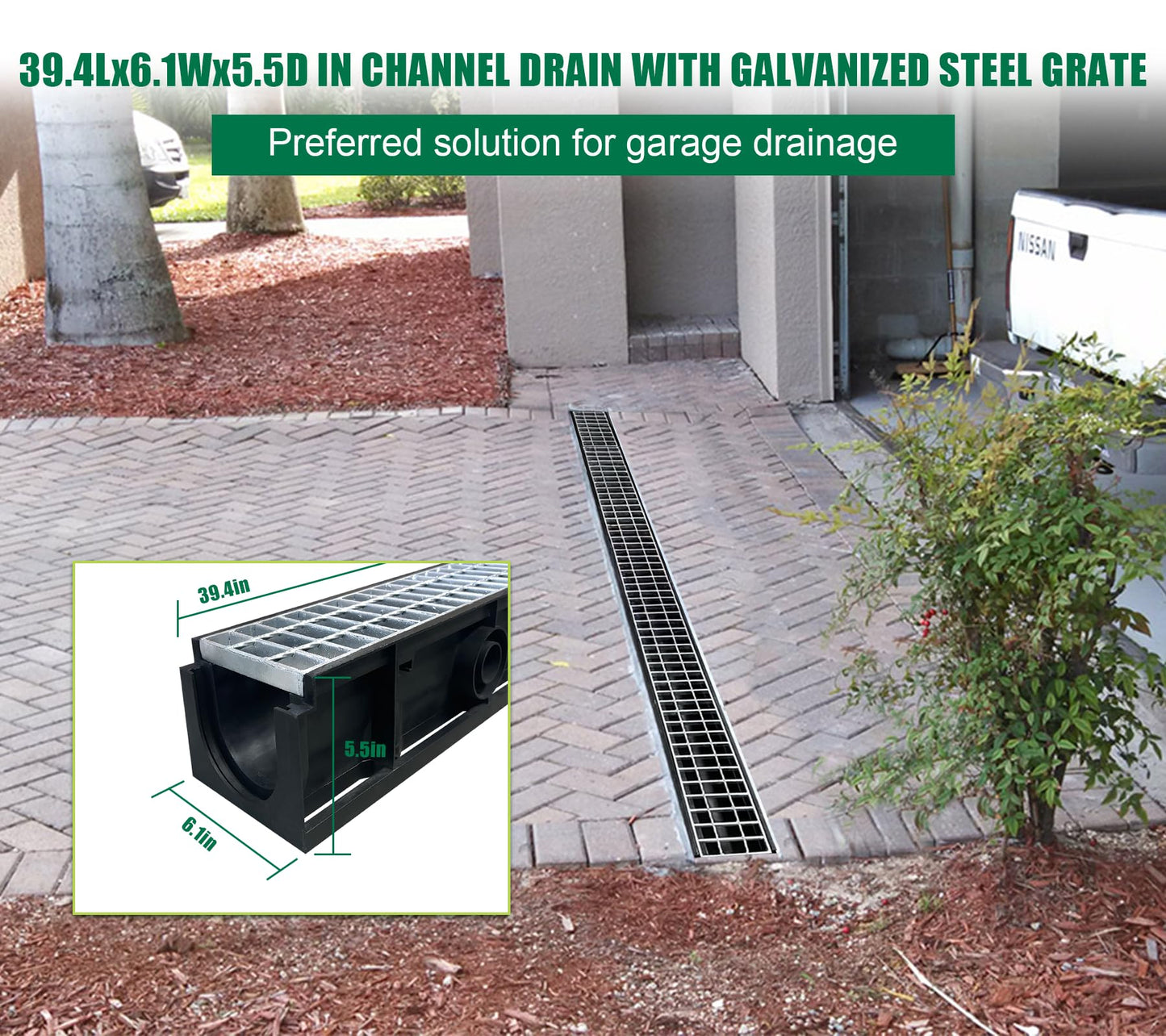 Natotela Channel Drain with Galvanized Steel Grates-39.4Lx6.1Wx5.5H in. Deep Profile Trench Drain System for Driveway,3 Pack Total Length 118.2in,Heavy Duty Trench Drain for Garage,Parking Lot