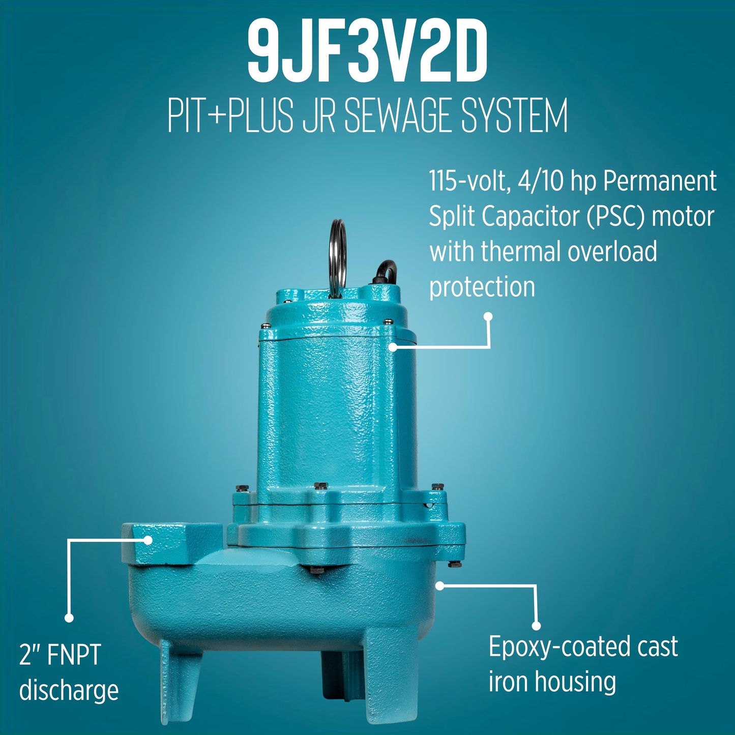 Little Giant 9JF3V2D Pit Plus JR Sewage Basin System with 115-Volt, 4/10 HP, 6000 GPH 9SC-CIM Sewage Pump, Float Switch with 20-Ft. Cord, 3-inch Vent, 2-inch Discharge, Green/Blue/Black, 509679
