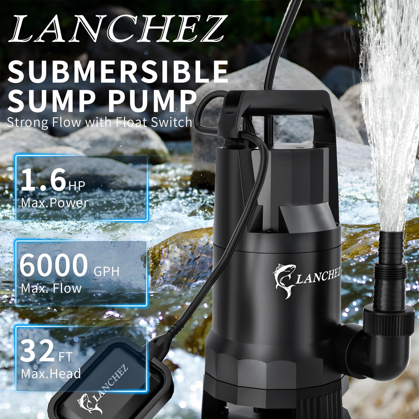 LANCHEZ 1.6HP 6000GPH Sump Pump, High Flow Submersible Water Pump with Float Switch, Automatic Transfer Water Pump for Swimming Pool Basement Flooded Pit Sewage Sink Tub, Black