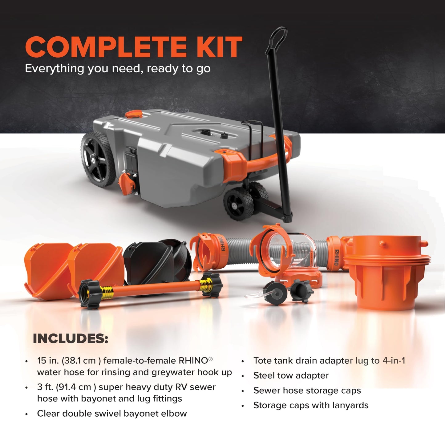 Camco Rhino 28-Gallon Portable RV Tote Tank - Features 2 Steerable No-Flat Front Wheels & Built-in Gate Valve - Includes Removable 24" Tow Bar, 3’ Sewer Hose & More RV Accessories (39005)