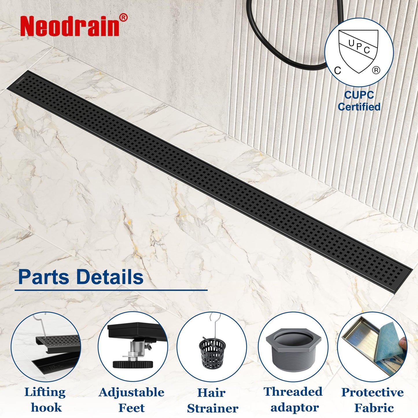 Neodrain 48-Inch Black Linear Shower Drain with Removable Quadrato Pattern Grate, heavy duty 304 Stainless Steel Rectangle Shower Floor Drain, linear drain with Leveling Feet,Hair Strainer,Matte Black