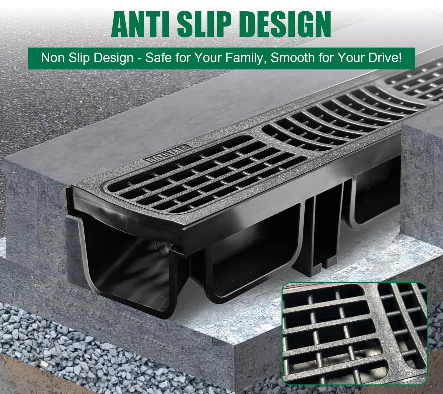 Natotela B Class Driveway Channel Drain with HDPE Grate-19.7Lx5.5Wx3.9H in. Shallow Profile Trench Drain System,12 Pack Total Length 236.22in,Heavy Duty Trench Drain for Garage,Parking Lot,Concrete