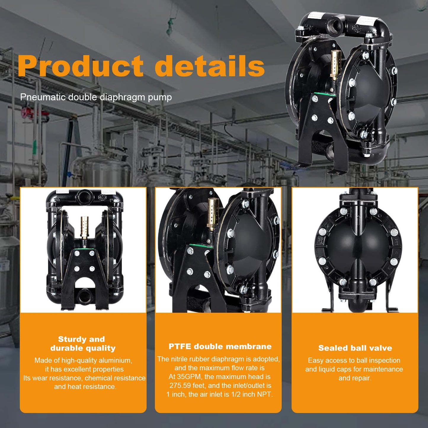 Cozyel Air-Operated Diaphragm Pump Double Diaphragm Pump 1 inch Inlet & Outlet, Dual Diaphragm Air Pump Aluminum 35 GPM Max 120PSI, QBY4-25L