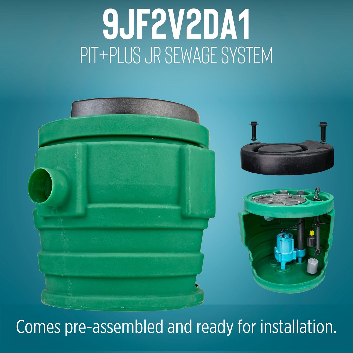 Little Giant 9JF2V2DA1 Pit Plus JR Sewage Basin System with 115V, 4/10 hp, 6000 gph 9SC-CIM Sewage Pump, Float Switch with 20-Ft. Cord, 2-In. Vent/Discharge,and Alarm, Green/Blue/Black, 509674