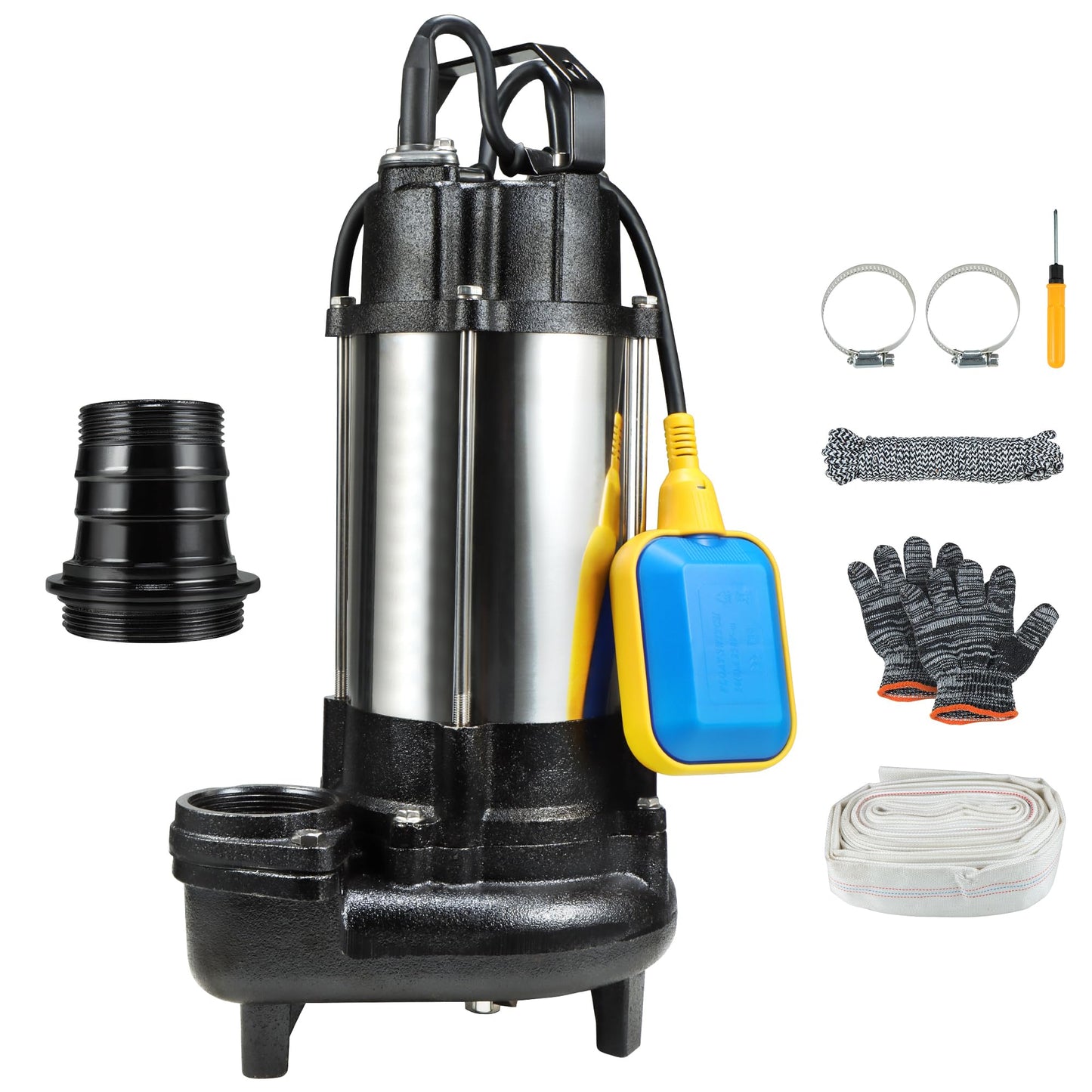 Sewage Grinder Pump, 1HP Submersible Sump Pump, 110V 6400GPH Cast Iron Effluent Pumps with Automatic Float Switch, 2'' NPT Discharge for Basement, Residential Sewage, Sump Basin