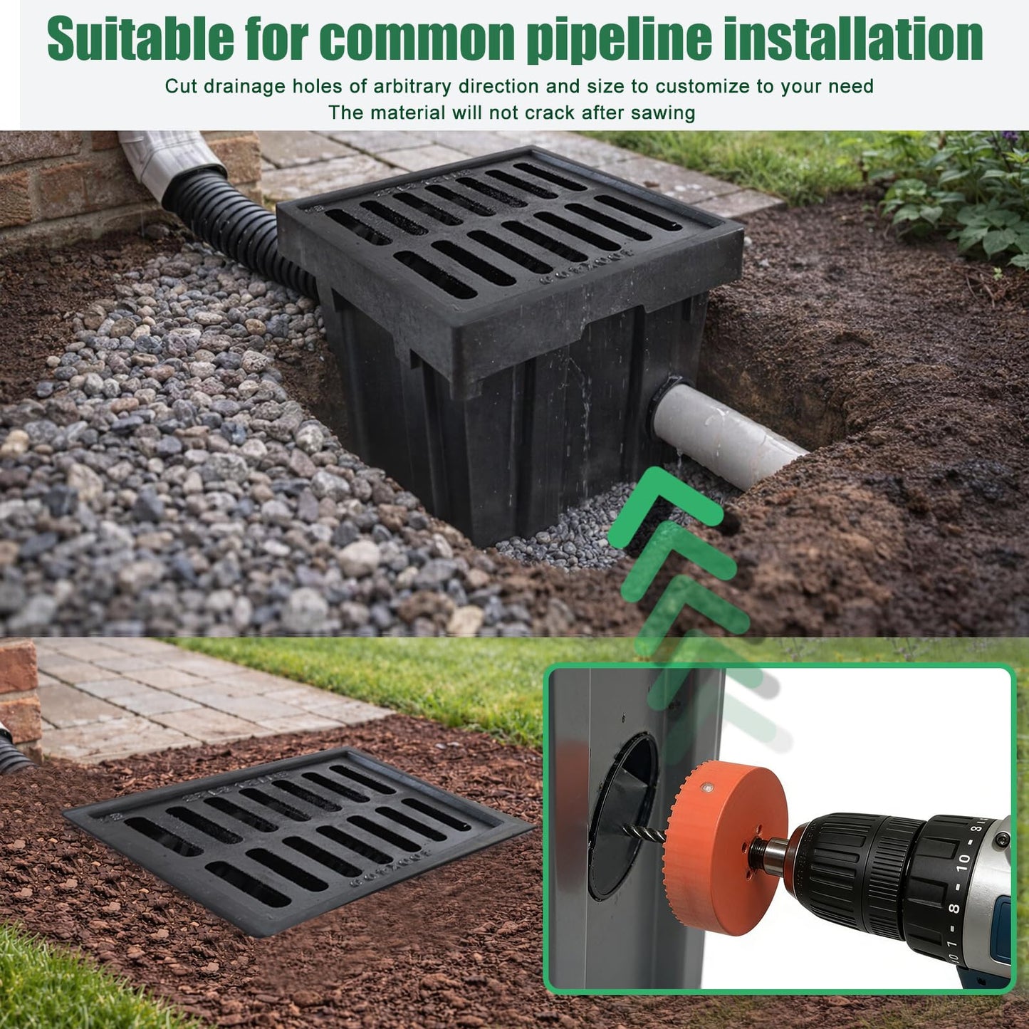 Catch Basin with Cast Iron Grate,18x18x15in Heavy Duty Catch Basin for Drainage with Debris Basket, Square French Drain Basin Without Reserved Hole for Driveway,Yard, Patio,Downspou, Lawn Commercial.