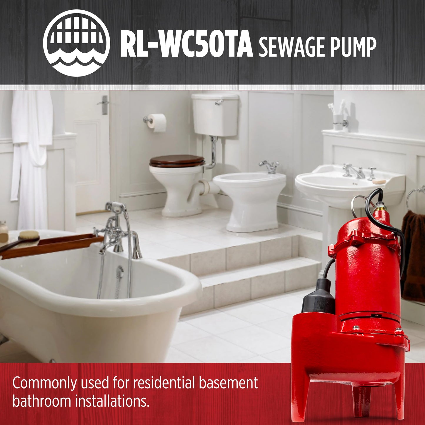 Red Lion RL-WC50TA 115 Volt, 1/2 HP, 5600 GPH Cast Iron Sewage Pump with Tethered Switch and 10-Ft. Cord, Red, 14942748