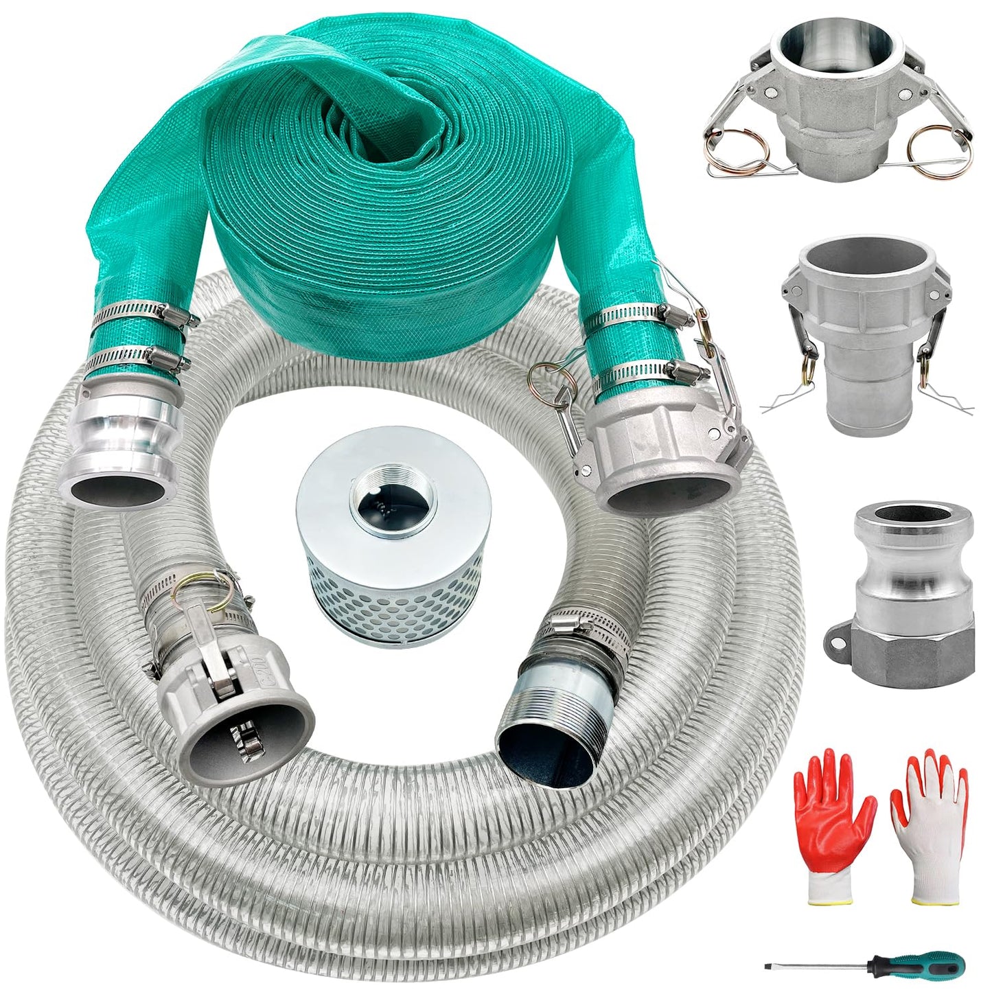 SAFBY Pump Water hose Discharge 2" x 50' Backwash Hose, 2" x 20' Suction Hose With Aluminum Camlock A C E D Fittings, Heavy Duty Three layer Backwash Drain Hose for pool(2 in, 50 ft outlet 20ft inlet)
