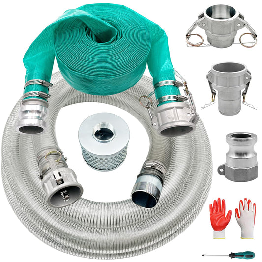 SAFBY Pump Water hose Discharge 2" x 50' Backwash Hose, 2" x 20' Suction Hose With Aluminum Camlock A C E D Fittings, Heavy Duty Three layer Backwash Drain Hose for pool(2 in, 50 ft outlet 20ft inlet)