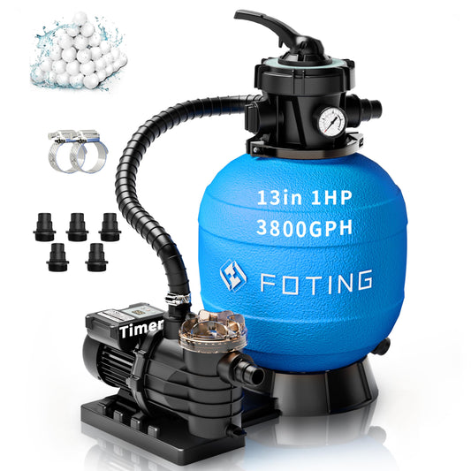 FOTING 2026New Sand Filter Pump with Timer for Above Ground Pool, Pool Pumps Above Ground with 7-Way Multi-Port Valve, Pool Sand Filter for High-Efficient Filtration & Circulation, 13inch