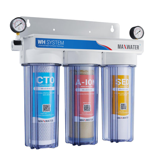Max Water 3 Stage Tannins/Nitrate Reduction (Good for Underground Water) 10 inch Standard Water Filtration System Whole House - Sediment + Anion + CTO Post Carbon - ¾ Inlet/Outlet - Model : WH-SC3