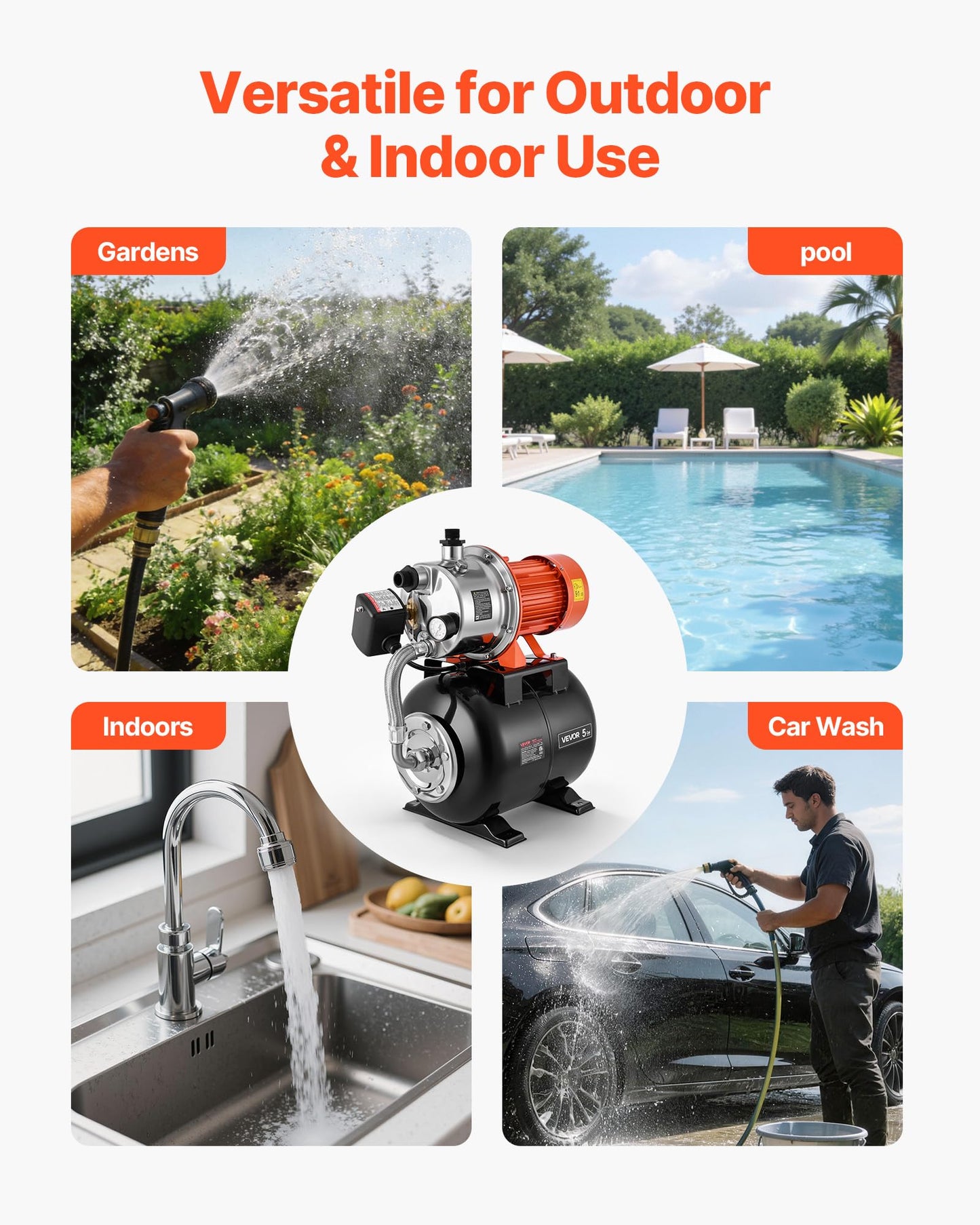 VEVOR 1.6 HP Shallow Well Pump with Pressure Tank, 120V 1320 GPH, Stainless Steel Irrigation Jet Pump with 5-Gal Pressure Tank, Automatic Water Booster System, for Home Garden Lawn, Potable Water