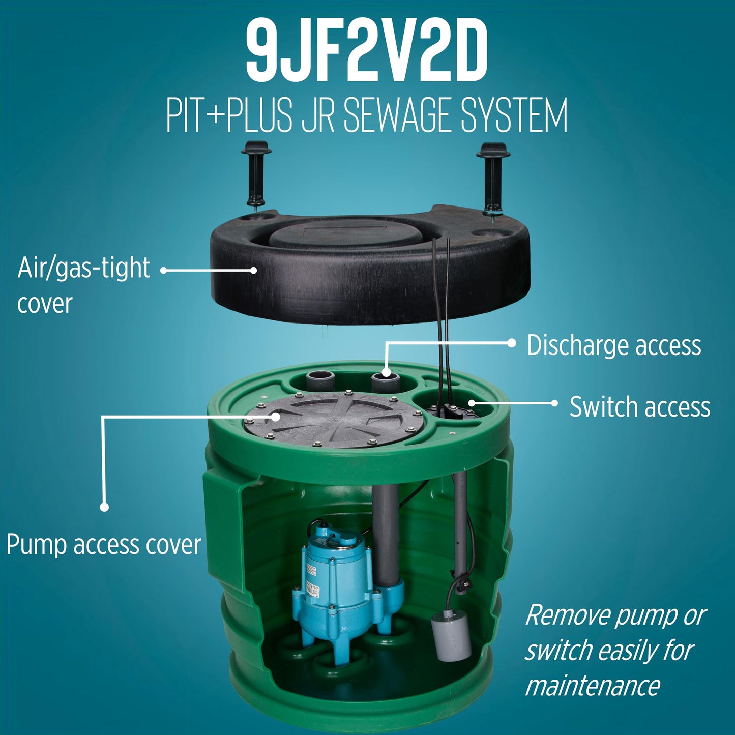 Little Giant 9JF2V2D Pit Plus JR Sewage Basin System with 115-Volt, 4/10 HP, 6000 GPH 9SC-CIM Sewage Pump, Float Switch with 20-Ft. Cord, 2-inch Vent, 2-inch Discharge, Green/Blue/Black, 509673