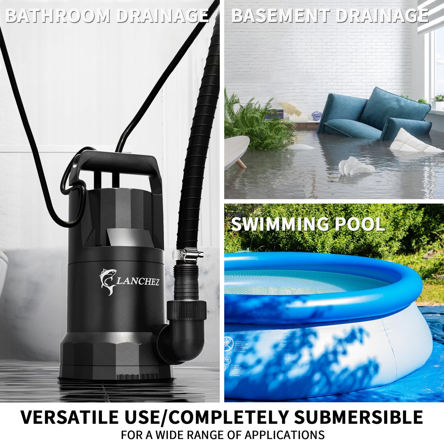 LANCHEZ 1.6HP 6000GPH Sump Pump, High Flow Submersible Water Pump with Float Switch, Automatic Transfer Water Pump for Swimming Pool Basement Flooded Pit Sewage Sink Tub, Black
