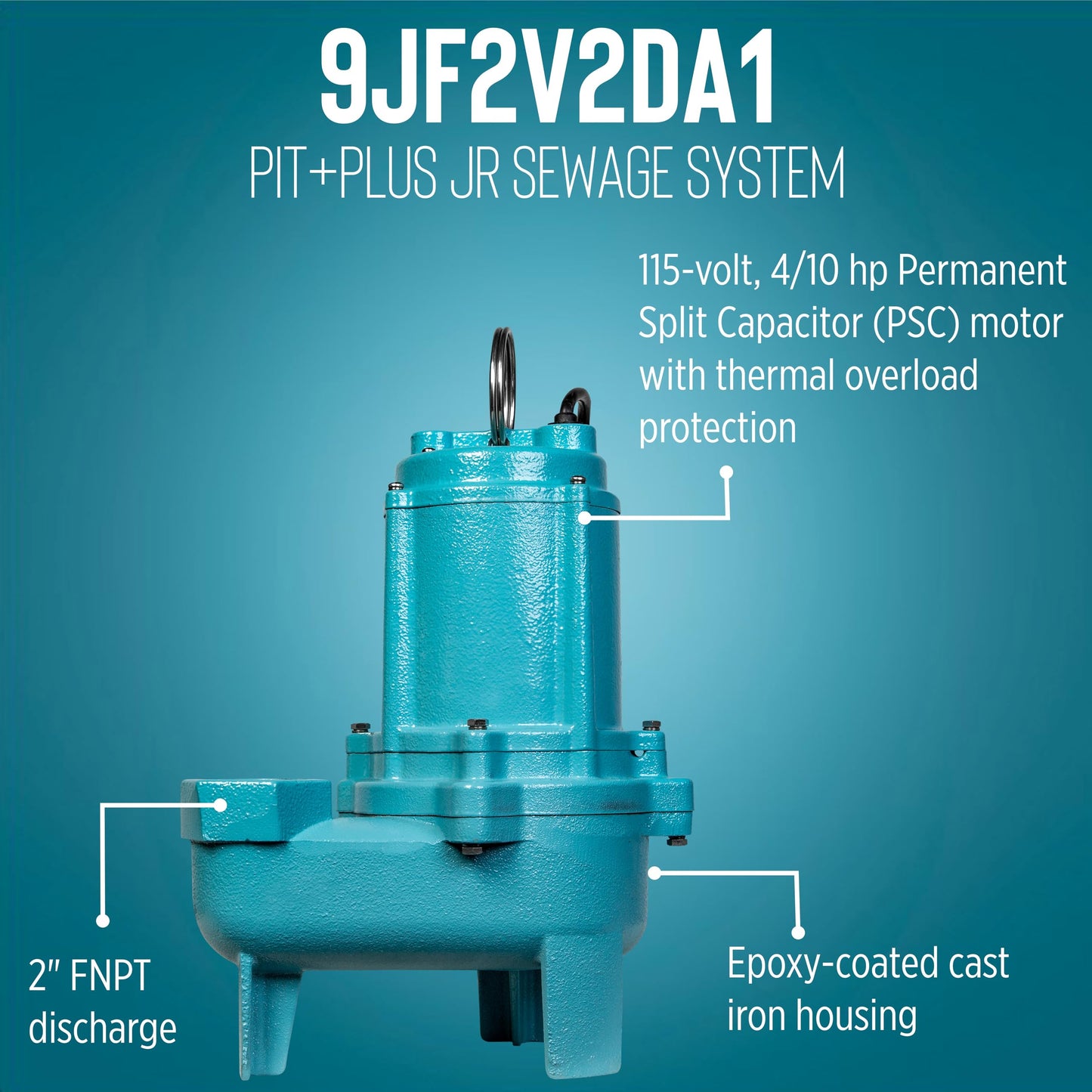 Little Giant 9JF2V2DA1 Pit Plus JR Sewage Basin System with 115V, 4/10 hp, 6000 gph 9SC-CIM Sewage Pump, Float Switch with 20-Ft. Cord, 2-In. Vent/Discharge,and Alarm, Green/Blue/Black, 509674