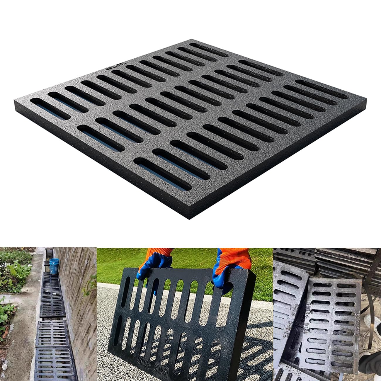 Cast Iron Drain Grate, 28 * 28in Outdoor Drain Cover, Heavy Duty B125 Class Channel Grate, Black Square Drainage Grate, Metal Sewer Grate for Concrete Floor, Yard, Driveway & Garage.