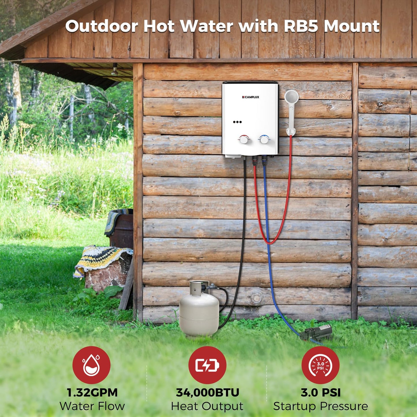 CAMPLUX Portable Propane Water Heater & Pump Kit, 1.32 GPM Tankless Gas Shower System with 12V Pump, Long Power Cables & Extension Hoses, Instant Hot Water for Off-Grid Camping, RV, AY132P43, White