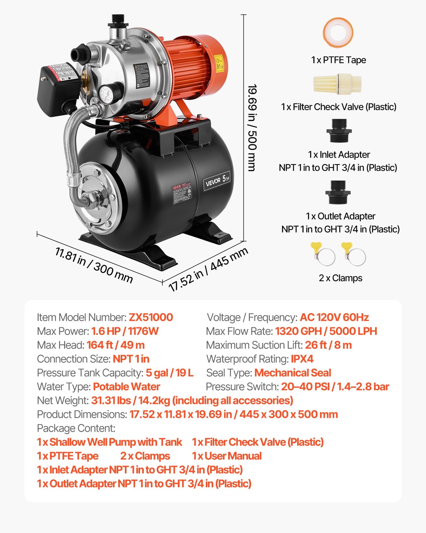 VEVOR 1.6 HP Shallow Well Pump with Pressure Tank, 120V 1320 GPH, Stainless Steel Irrigation Jet Pump with 5-Gal Pressure Tank, Automatic Water Booster System, for Home Garden Lawn, Potable Water