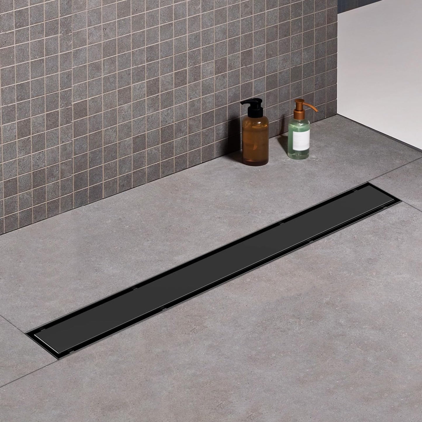 Elefloom Offset Linear Shower Drain, Brushed 304 Stainless Steel Side Outlet Black Floor Drain with Hair Catcher and Adjustable Feet (48 inch)