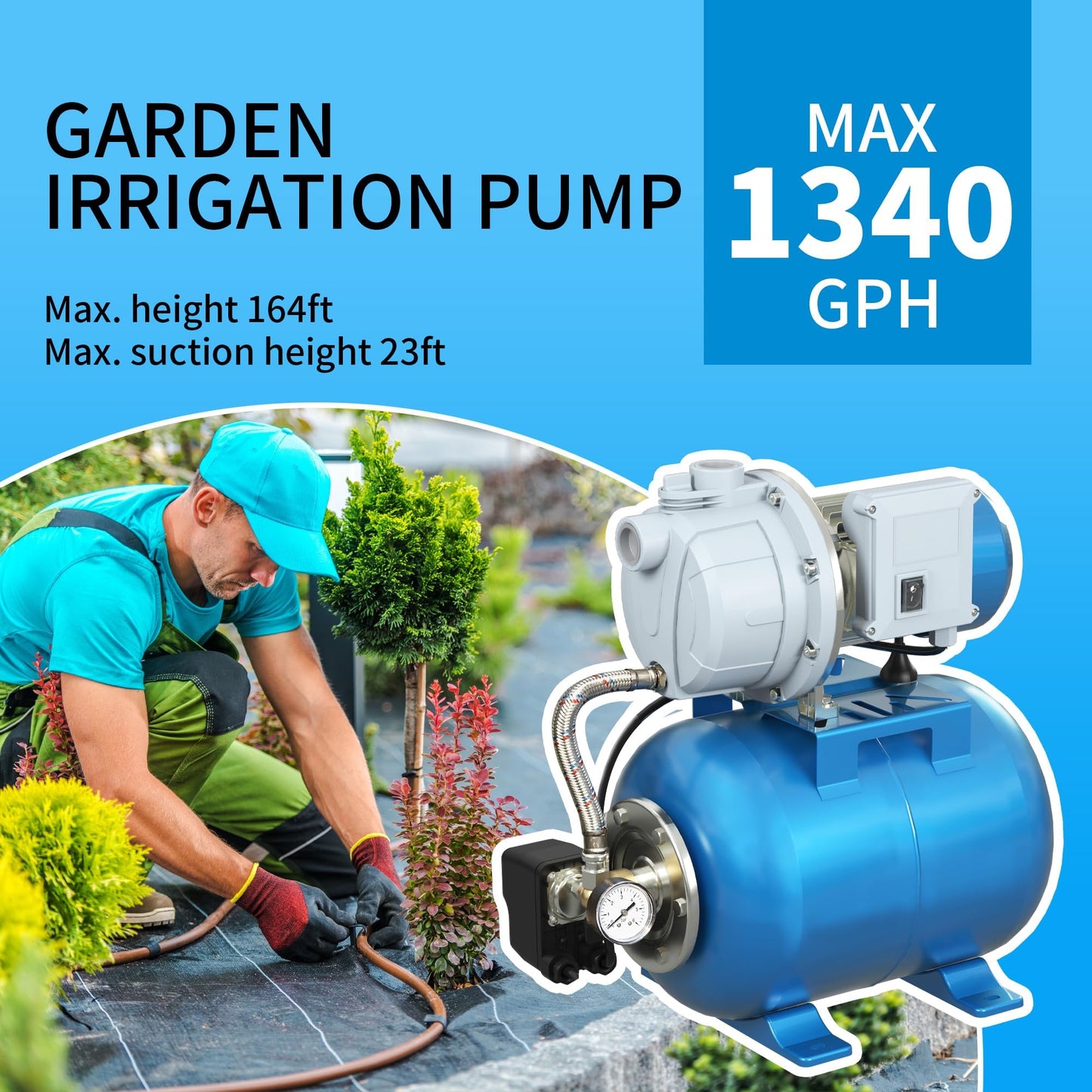 FOTING 1.5HP Shallow Well Pump with Pressure Tank, 1340GPH Automatic Irrigation Water Booster Jet Pump, Water Pumps Booster System 164FT 115V for Home Garden Lawn Farm, Blue