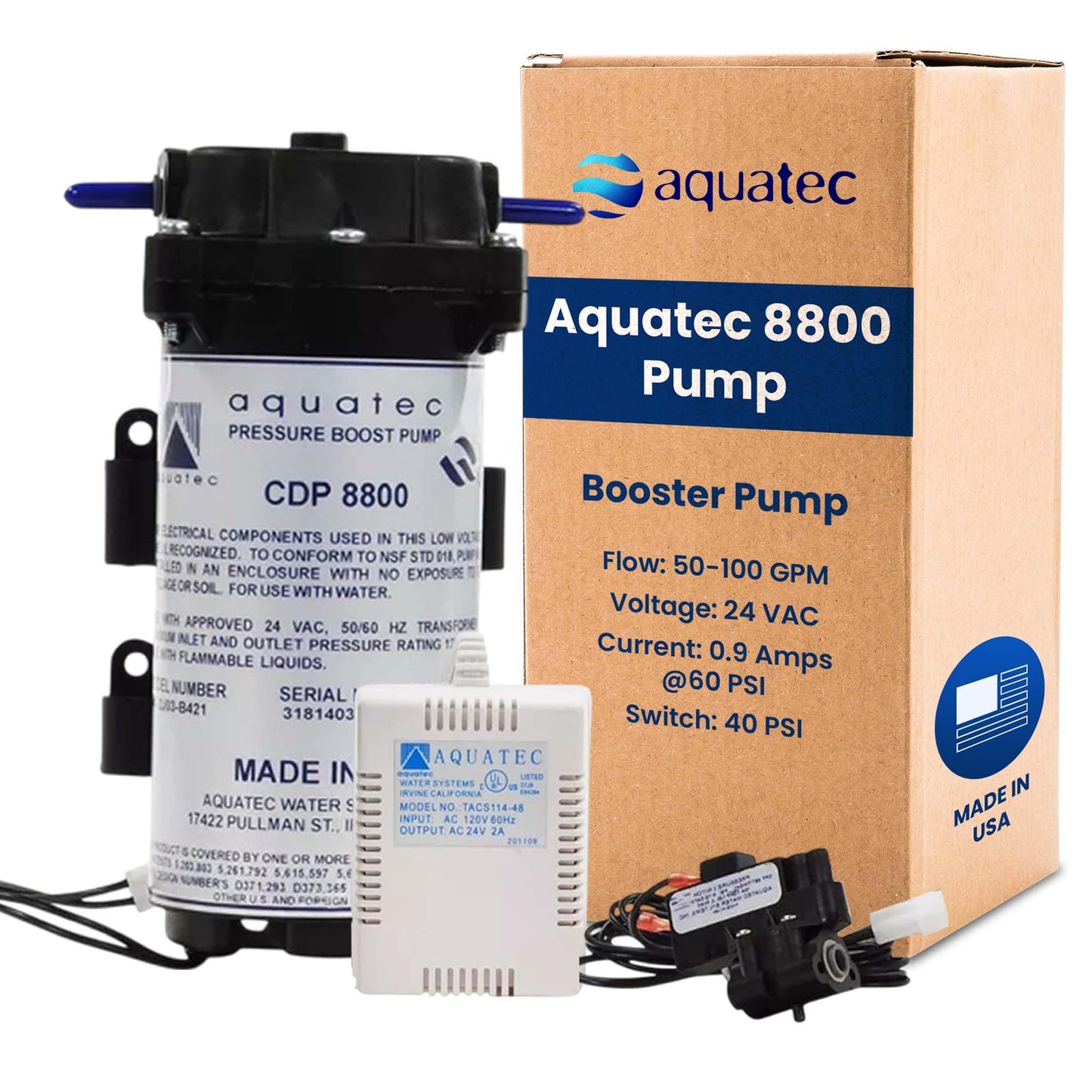 Aquatec 8800 RO Booster Pump Kit with 40 PSI Switch, 120V Transformer, 1/4 Inch QC and Fittings for 3/8 to 1/4 Tubing, Produces Up to 100 GPD for Reverse Osmosis Systems