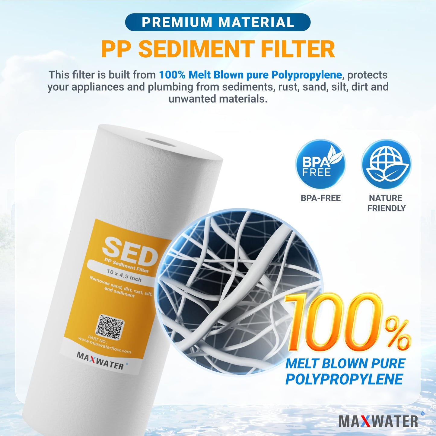 Max Water 10 Micron 10 x 4.5 inch Whole house Sediment Water Filter | Meltblown Polypropylene Well Water Filter Replacement Cartridges for DGD-5005, AP810, SDC-45-1001, GXWH30C, PP10BB (20 Pack)