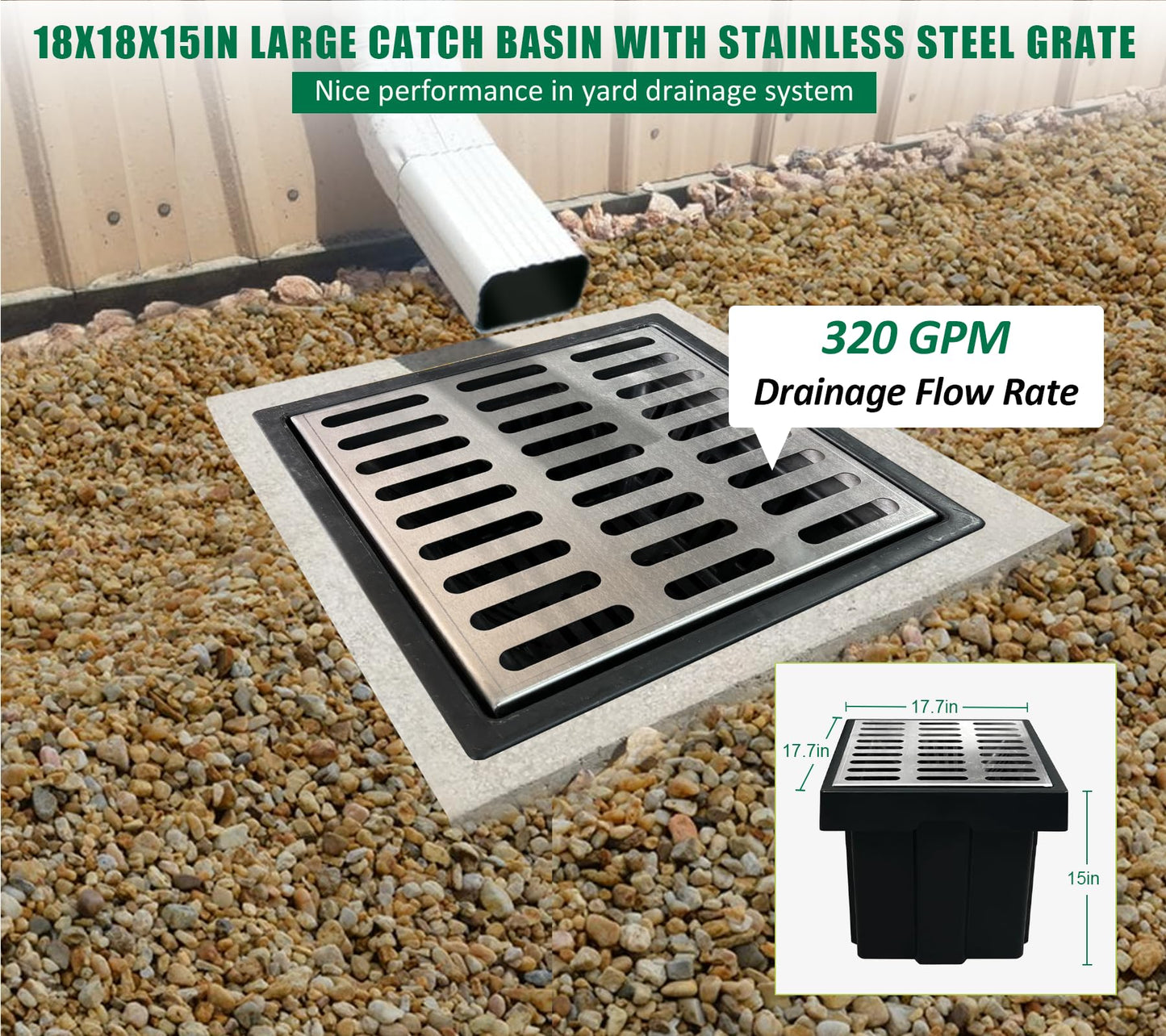Natotela Catch Basin with 304 Stainless Steel Grate-18x18x15 in. Large Catch Basin for Drainage with Debris Basket,French Drain Basin Without Reserved Hole for Patio,Downspout,Commercial
