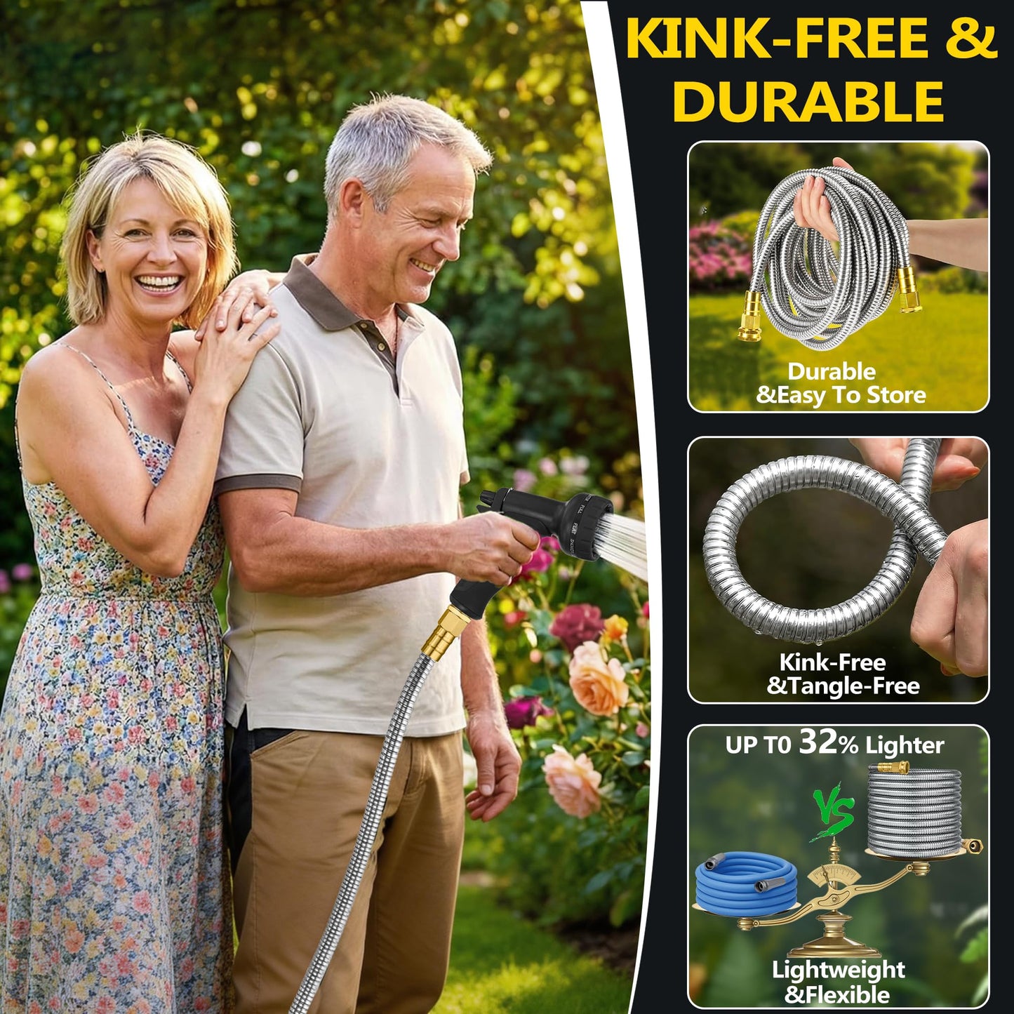 200 ft Stainless Steel Garden Hose - 2026 New Technology Metal Water Hoses with 3/4" Solid Brass Fitting - Lightweight,Ultra Flexible,Durable,Kink-Less Watering Pipes Hoses For Yard, Outdoor